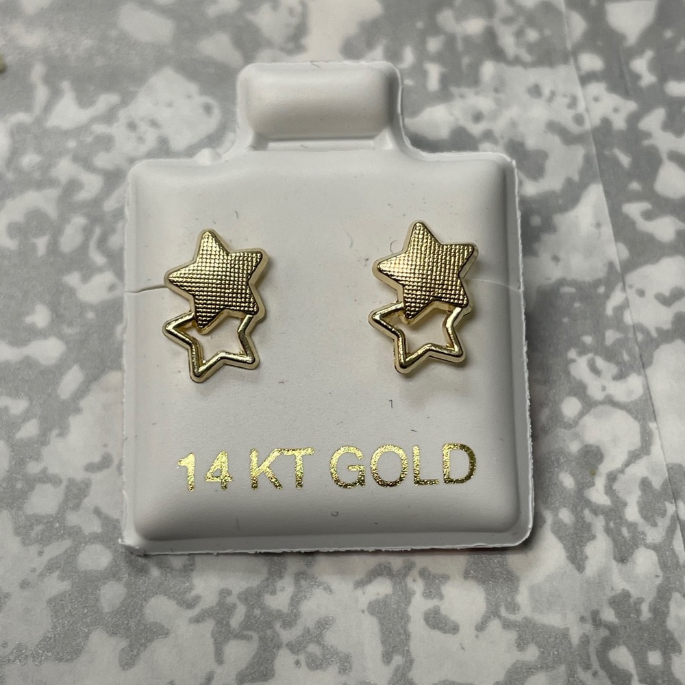 Solid Gold 14 Karat Yellow Double Star Earring